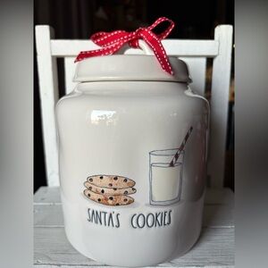 Rae Dunn White Santa's Cookies Jar with Red Ribbon
